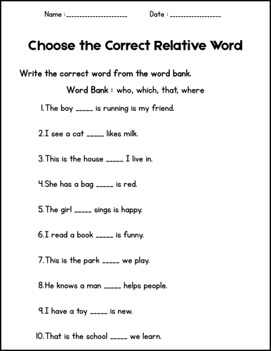 Relative Clauses Worksheet - Grammar Activities for 1st 2nd 3rd Grade