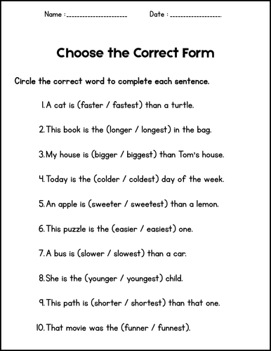 Comparative and Superlative Adjectives - Grammar Worksheets 1st 2nd 3rd Grade