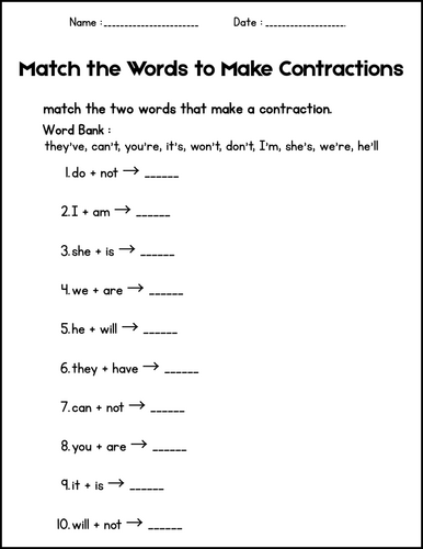 Contractions Worksheets 1st 2nd 3rd Grade Grammar Activities