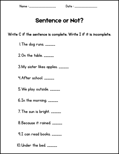 Complete and Incomplete Sentences Worksheets for 1st 2nd 3rd Grade