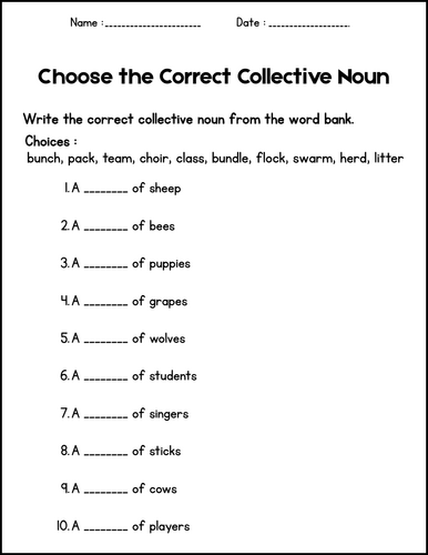 Collective Noun Worksheets - Grammar Activities for 1st 2nd 3rd Grade