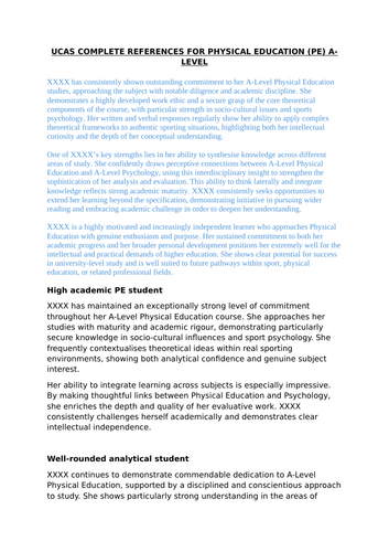 UCAS COMPLETE REFERENCES FOR PHYSICAL EDUCATION (PE) A-LEVEL