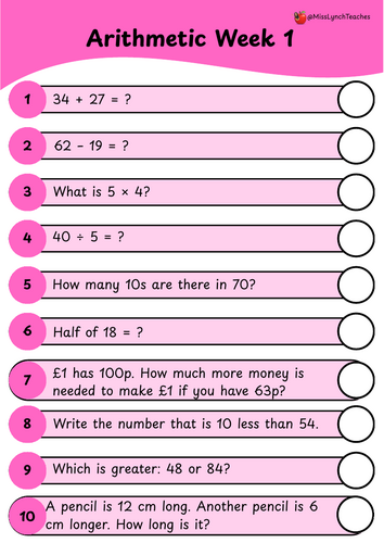 Year 2 - 10 Weeks of Arithmetic Questions