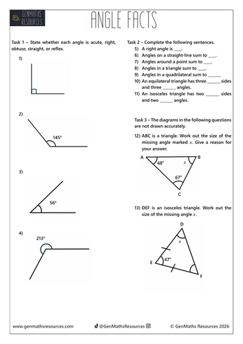 Angle Facts - Maths GCSE Foundation Worksheet
