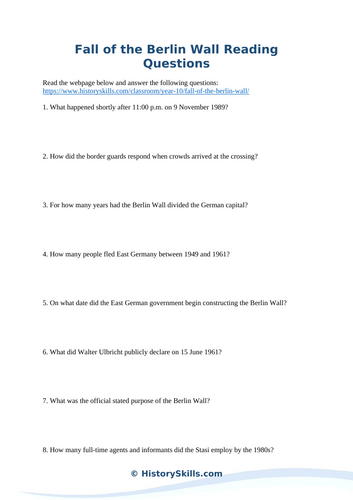 Fall of the Berlin Wall Reading Comprehension Worksheet