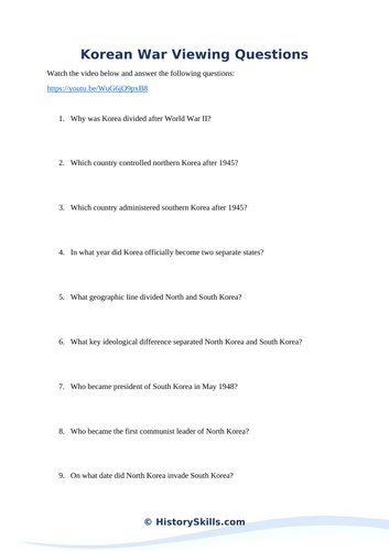 Korean War Video Viewing Questions Worksheet