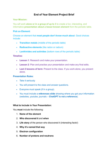 End of Year Element Project Brief – Ready-to-Use Research & Presentation Task