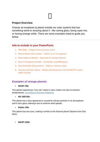 Weird Planets Space Project – Research & Presentation Task