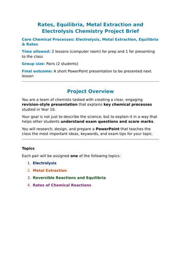 Rates, Equilibria, Metal Extraction and Electrolysis Chemistry Project Brief