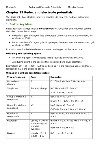 Module 5.2 Redox and Electrode Potentials Full Editable Summary OCR Chemistry A H432