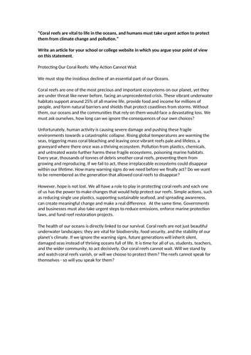 Model Answer - Persuasive Writing Protecting Coral Reefs