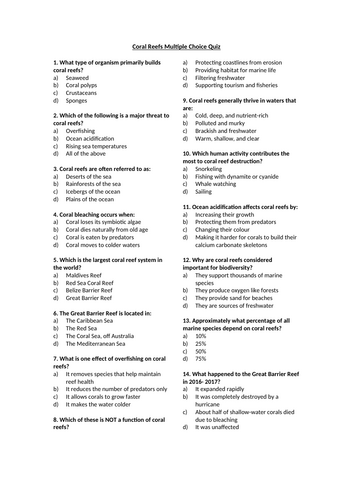 Coral Reefs Multiple Choice Quiz