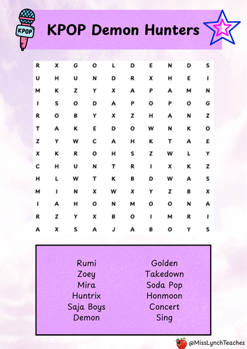 KPOP Demon Hunters Wordsearch