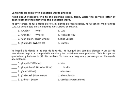 La tienda de ropa with question words practice