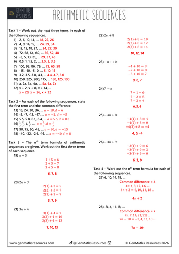 Arithmetic Sequences - Maths GCSE Foundation Worksheet