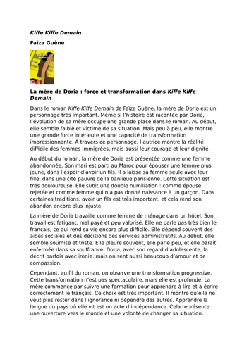Kiffe Kiffe Demain – Faïza Guène - Character Study: The Mother of Doria