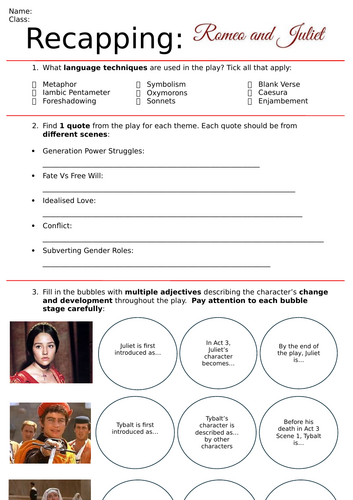 Romeo & Juliet Revision Printout - Double Sided (with example answers for teachers)
