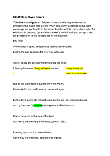 "Eclipse" (Owen Shears) A/ AS Level analysis A LEVEL ENGLISH LITERATURE