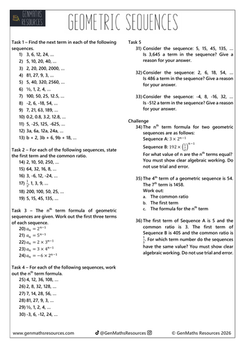 Geometric Sequences - Maths GCSE Foundation Worksheet