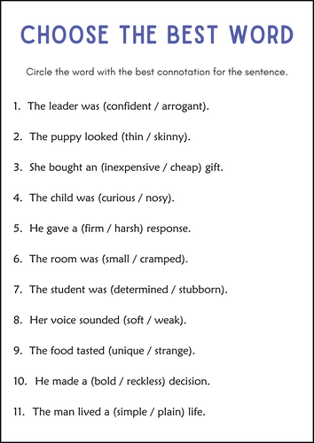 Connotations and Denotations Lesson and Practice Worksheets for Grade 1, 2, 3