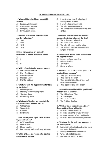 Jack the Ripper Multiple Choice Quiz