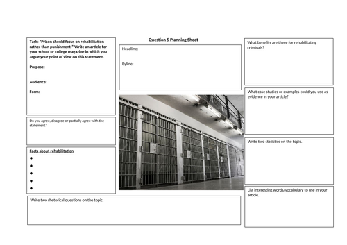 AQA English Language Paper 2 Question 5 - Planning Sheet: Prisons and Rehabilitation