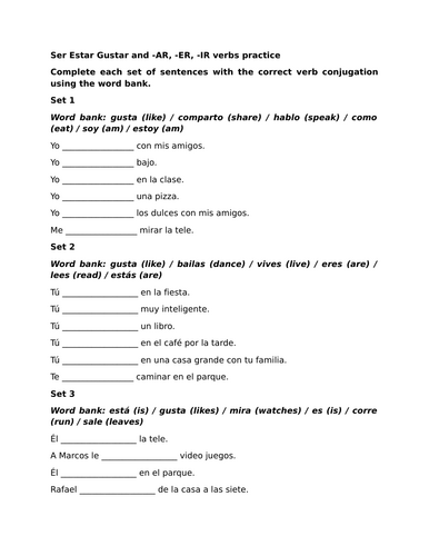 Ser Estar Gustar and -AR, -ER, -IR verbs practice