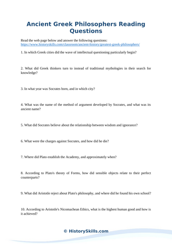 Ancient Greek Philosophers Reading Comprehension Worksheet