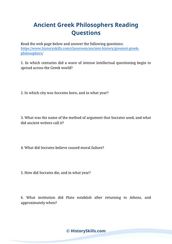 Ancient Greek Philosophers Reading Comprehension Worksheet