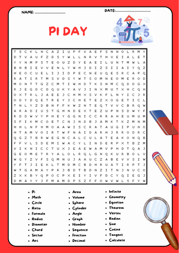 Pi Day word search puzzle worksheet