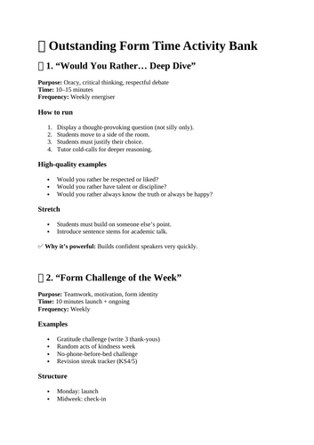 FORM TIME ACTIVITY IDEAS - Outstanding Form Time Activity Bank