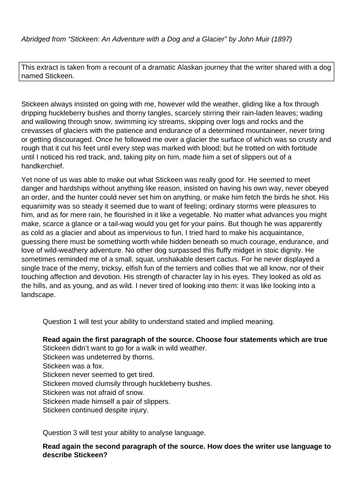 AQA GCSE Eng Lang Paper 2 Non Fiction "Stickeen" Revision HW Cover question 1 question 3