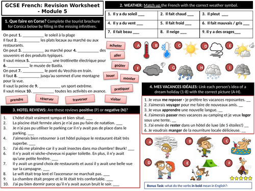 New GCSE French (2026) Revision Worksheet - Module 5 Numéro vacances