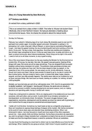 AQA Language Paper 2 for 2026 onwards - Diary of a Young Naturalist
