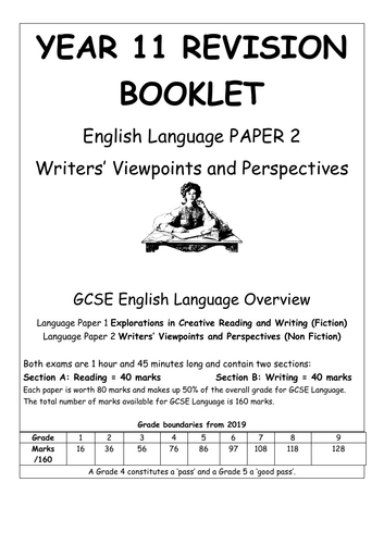 Aqa gcse english language paper 2 revision booklet year 11