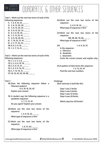 Quadratic and Other Sequences - Maths GCSE Foundation Worksheet