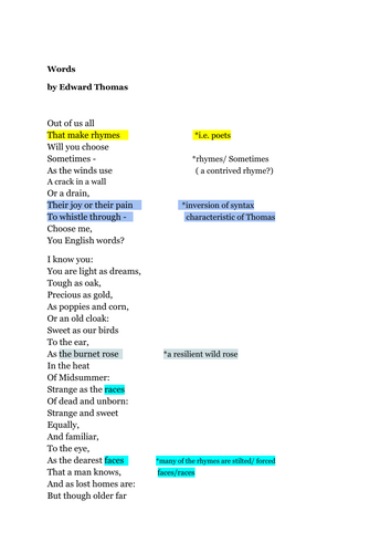 A / AS LEVEL ENGLISH LITERATURE WJEC poetry anthology "Words" by Edward Thomas