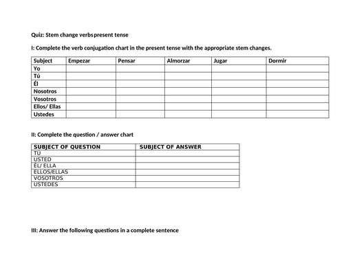 Stem change verbs present tense quiz