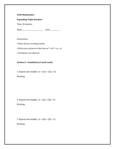 Expanding Triple Brackets Worksheet