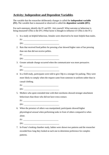 Independent variable and dependent variable activity - Research Methods - Variables - Psychology