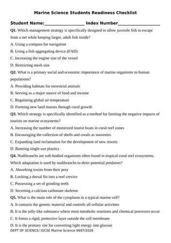 IGCSC 0697 Marine Science Students Readiness Checklist