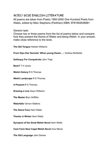 "Synopsis of the Great Welsh Novel" (Harri Webb) WJEC GCSE ENGLISH LITERATURE revision