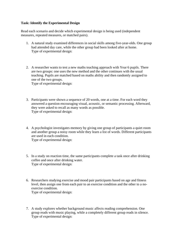 Identify the Experimental Design - Research Methods - A Level / GCSE Psychology