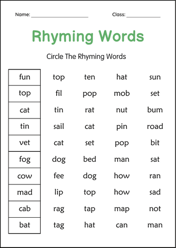 Printable Rhyming Words Activity Worksheets for Grade 1, 2, 3