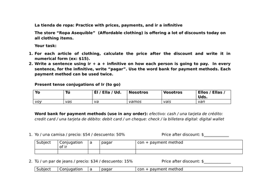 La tienda de ropa: Practice with prices, payments, and ir a infinitive