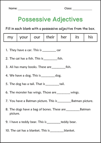 Possessive Adjectives Grammar Worksheets for Grade 1, 2, 3