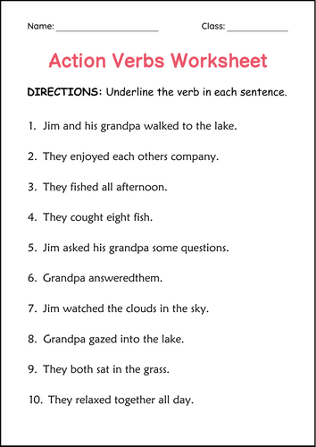 Printable Sentences Action Verbs Grammar Worksheets – Circle the Action Verbs