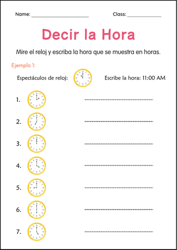 Telling Time to the Hour Worksheet in spanish - Hoja de trabajo Decir la hora a