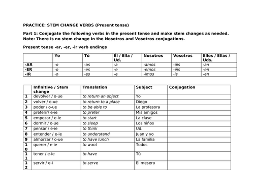 Stem change verbs practice worksheet