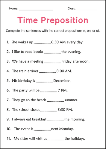 Printable Preposition of Time In On or At Worksheets for Grade 1, 2, 3